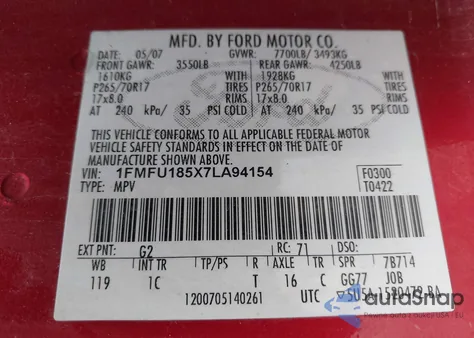 2007 Ford Expedition Eddie Bauer from USA, damaged, VIN 1FMFU185X7LA94154